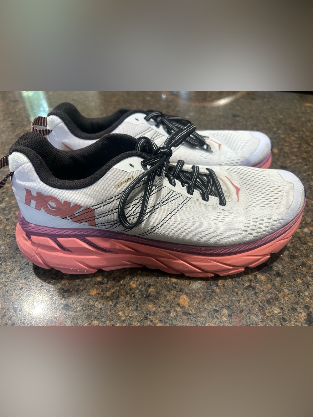 Hoka Women's White and Pink Athletic Running Shoes- Clifton size 9